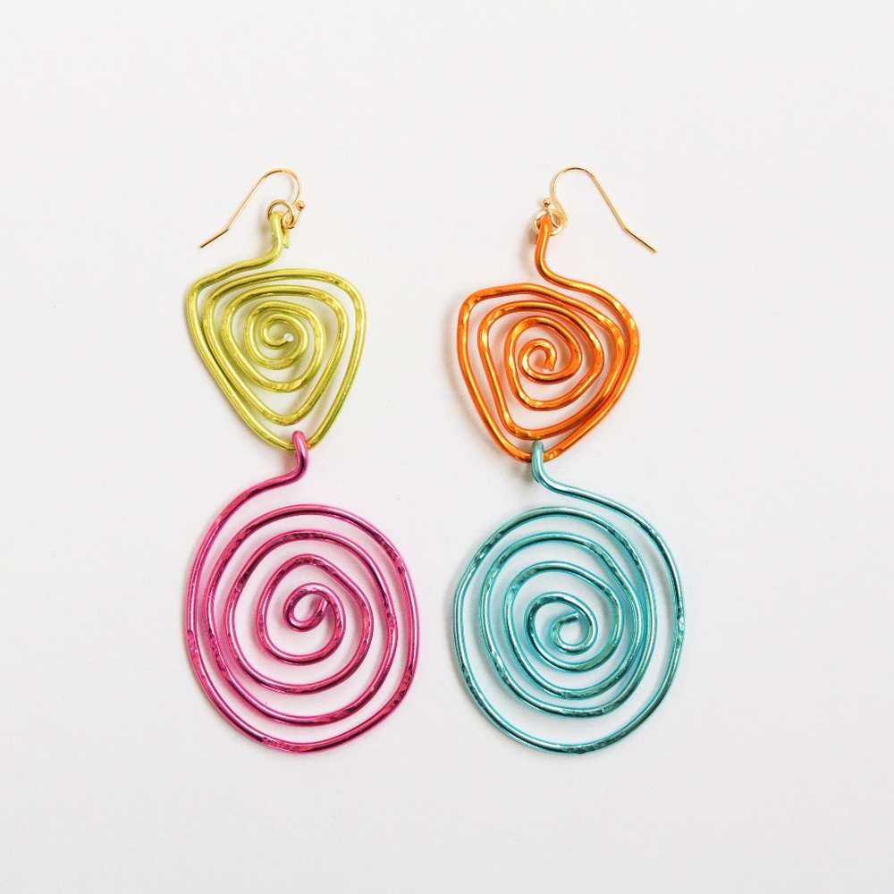Vintage Inspired Spiral Wire Wrap Two-Tone Abstract Dangle Mismatch Earrings
